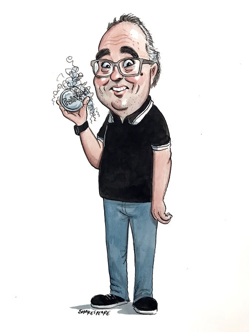 Watercolor illustration of a smiling adult man holding a round object with squiggles in a full shot on a white background.