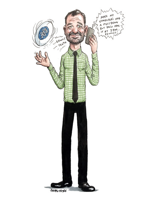 Illustration of a man in a green shirt and tie talking on his cell phone with a rugby ball floating beside him.