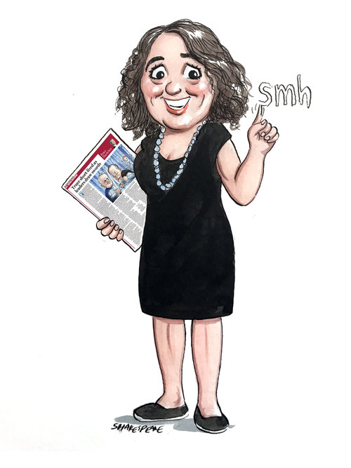 Illustration of woman holding newspaper and standing with a smirk expression in a black dress, shoes, and bead necklace.