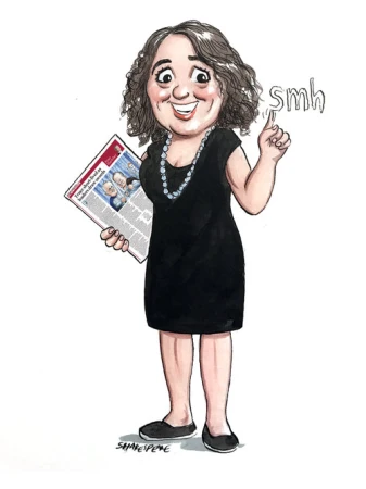 Illustration of woman holding newspaper and standing with a smirk expression in a black dress, shoes, and bead necklace.