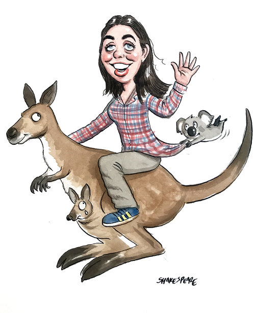 Illustration of a woman with brown hair riding a kangaroo, with a koala hanging onto her shirt, set against a white background.