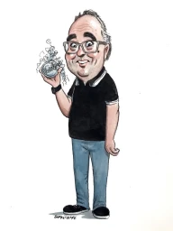 Caricature illustration by John Shakespeare of a smiling man holding a small jar with curly wisps rising from it.