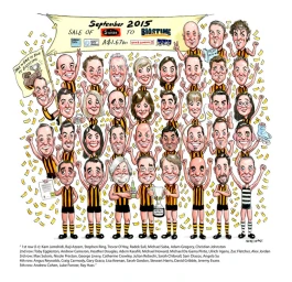 Caricature illustration by John Shakespeare showing a large group of people celebrating with confetti and a banner.