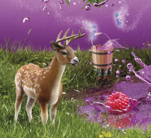 Whimsical digital art featuring a deer, raspberry, fairies, and bubbles in a lush, green meadow against a lavender sky, evoking magic.