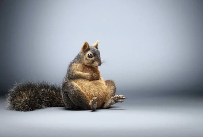 Sculptural illustration of a plump squirrel sitting upright with a bushy tail against a smooth gradient background.