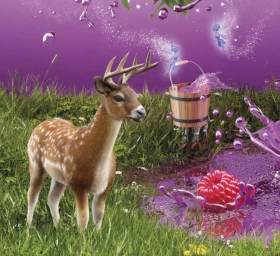 Fanciful illustration of a spotted deer standing in green grass beside a purple liquid splash and floating fairy figures.
