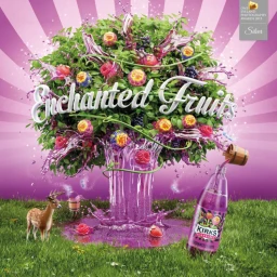 Surreal digital illustration of a magical fruiting tree with candy and splashing purple liquid in a grassy field