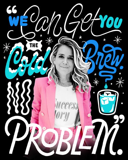 Woman in pink blazer with light hair smiles in front of graphic design with text elements and illustrated drink on a black background.