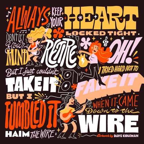 Illustration with three women playing guitars, surrounded by stylized song lyrics and floral designs in white, orange, and black.