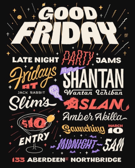Illustrated promotional poster for Good Friday party event featuring typography in black and white with orange, cream, and pink accents.
