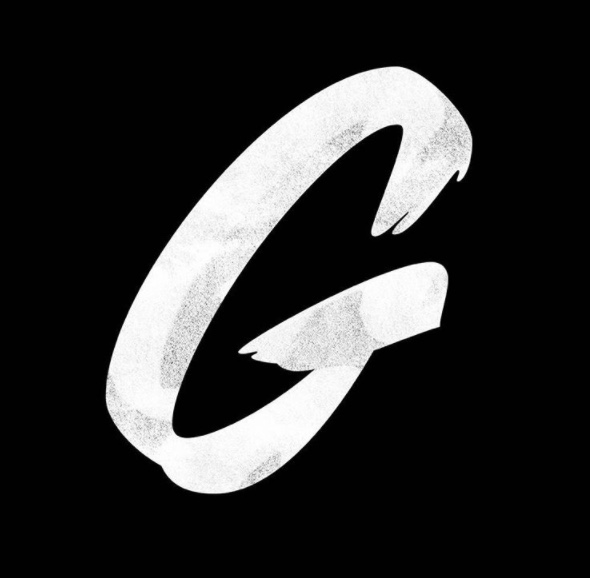 Abstract image of a large white letter G on a black background, created with a textured, brushstroke-like style. Minimalist design.