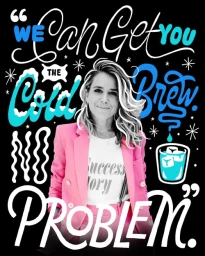Portrait illustration of a smiling woman in a pink blazer framed by bold hand-lettered typography against a black background.