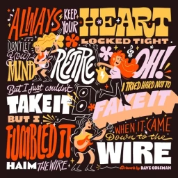 Colorful music-themed typographic illustration by Dave Coleman featuring female guitarists and lyrics