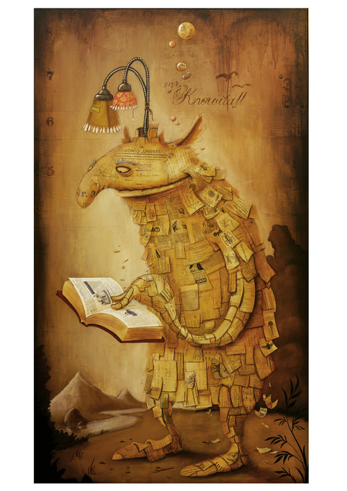 Surreal art: humanoid creature covered in paper, reading book beneath lamp, set in muted-toned environment with whimsical, hand-painted feel.