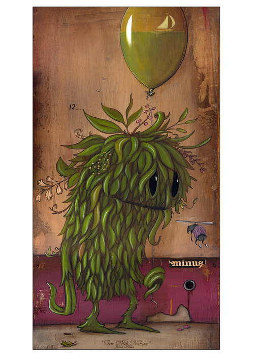Surreal artwork features a whimsical, moss-covered creature with big eyes and a sad expression, standing below a balloon with a sailboat image.