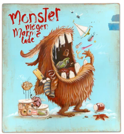 Illustration of a whimsical monster with an open mouth filled with assorted objects, standing next to jars of eyeballs and various props.