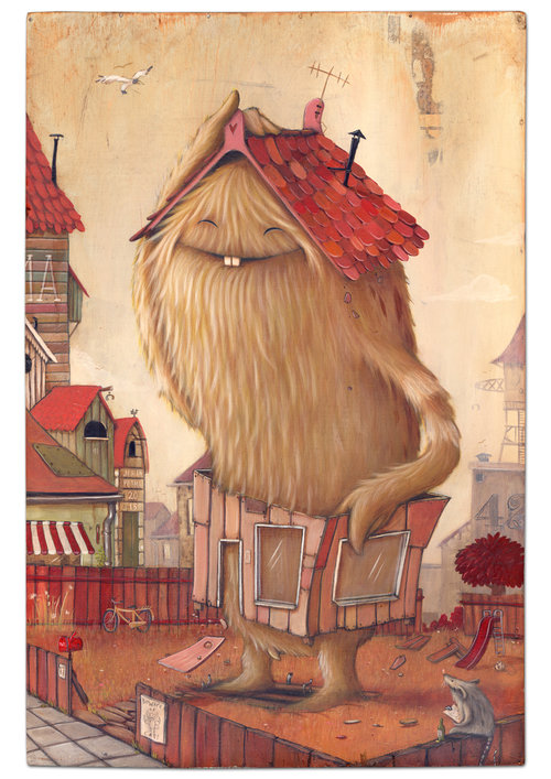 Whimsical illustration features a furry, house-like creature standing in a neighborhood; houses, yards, and a seagull add to the scene.