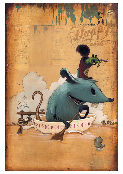 Whimsical digital painting of a blue mouse rowing a teacup boat on water, accompanied by a duckling and another creature atop its head.
