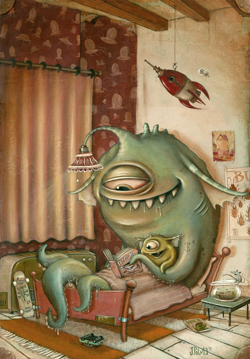 Illustration featuring a large, green cartoon monster reading a book to a smaller yellow cartoon monster in a bedroom setting. 