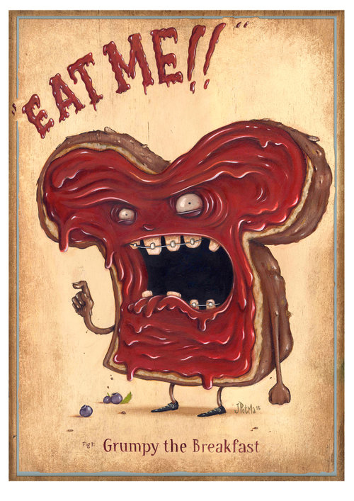 Illustration of anthropomorphic toast covered in jam with angry facial expression, standing on a tan background with the words, 'EAT ME!!'