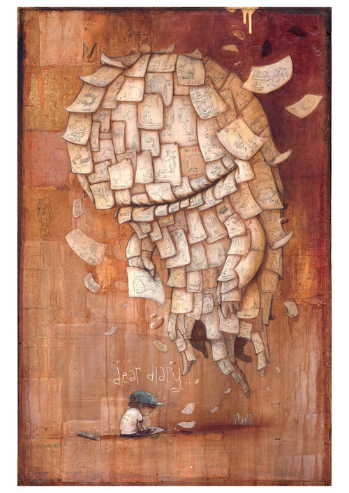 Illustration of a child in a blue cap writing in a diary, shadowed by a paper-covered figure, against a warm, textured background.