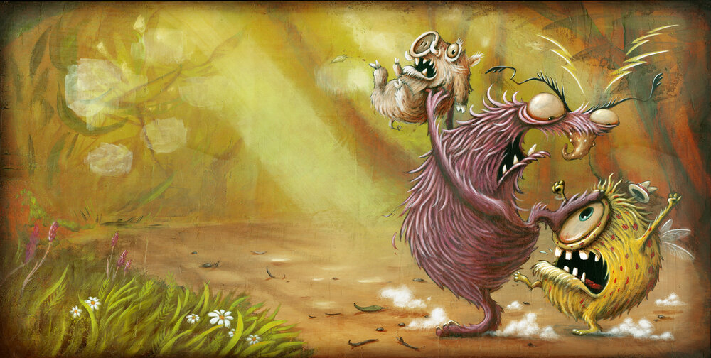 Illustration of three colourful cartoon monsters in a forest-like setting with soft lighting and visible brush strokes and texture.