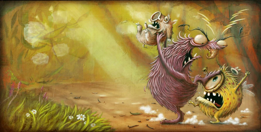 Illustration of three colourful cartoon monsters in a forest-like setting with soft lighting and visible brush strokes and texture.