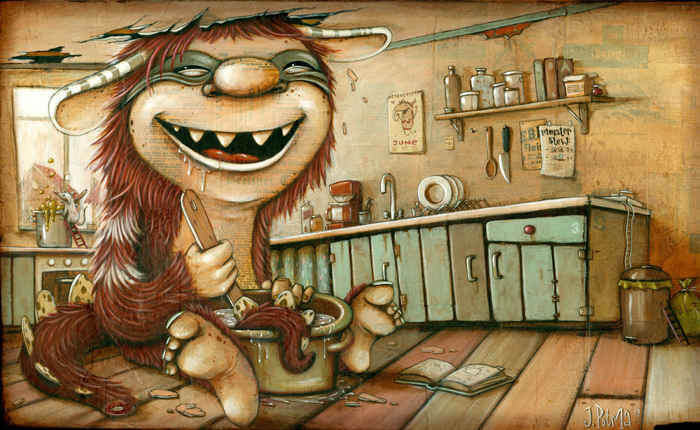 Illustration of a furry monster character stirring a pot in a whimsical kitchen scene with various kitchen items and a warm color palette.