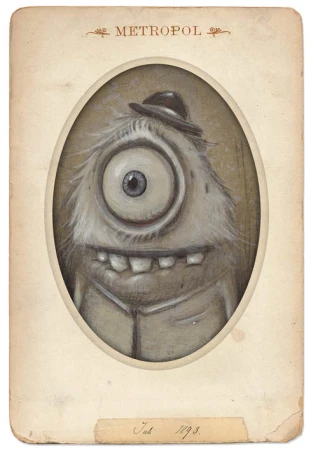 Whimsical illustration features a cyclops-like monster with a bowler hat, presented as an old-fashioned photo with aged textures and muted tones.