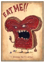 An illustrated anthropomorphic piece of toast covered in red jam with teeth, braces, and thin arms against a textured background.