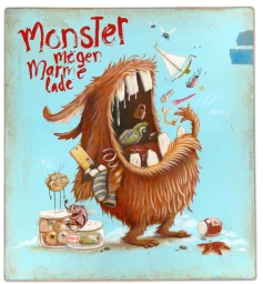 Square illustrated artwork by Johan Potma featuring a furry brown monster with a wide-open mouth consuming miscellaneous objects.