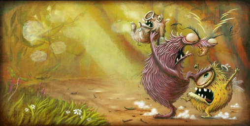 An illustration by Johan Potma featuring a large purple monster holding a small creature, with a smaller yellow monster nearby in a rustic setting.
