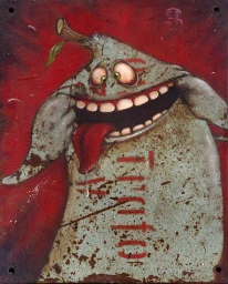 An illustrated quirky creature with wide eyes, a large toothy grin, and a protruding red tongue against a textured red background.