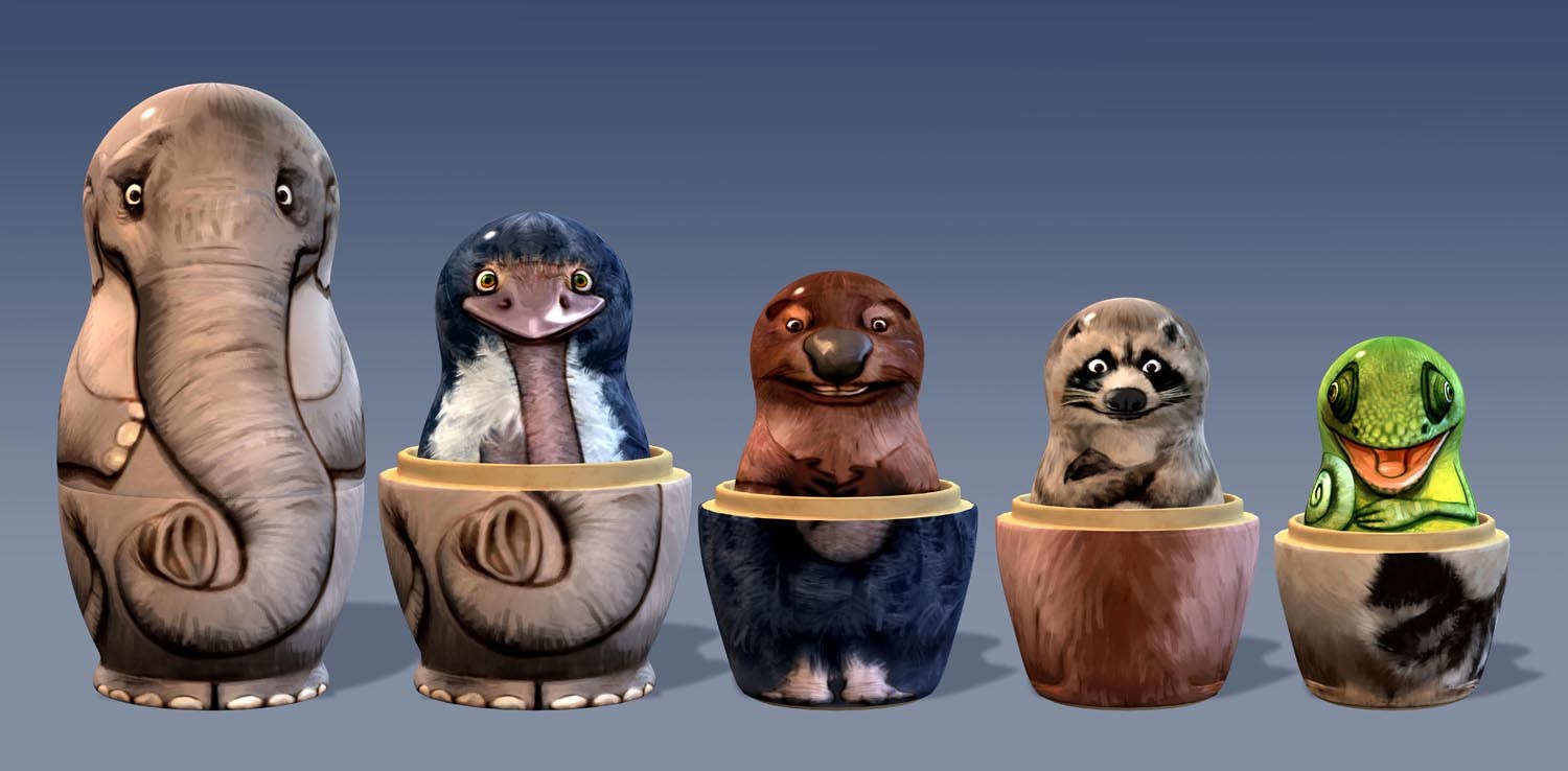 Five nesting dolls in a row, each shaped like a different animal: elephant, platypus, otter, raccoon, and lizard, against blue background.