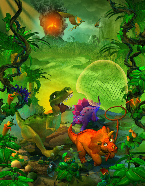 Illustration of dinosaurs in a jungle with a volcano in the background, rendered in a cartoon style.