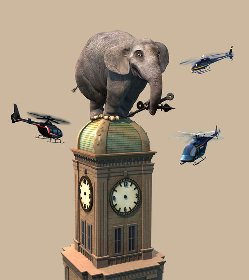 Digital art of an elephant standing on a clock tower with helicopters in flight, showcasing a whimsical blend of architecture and wildlife.