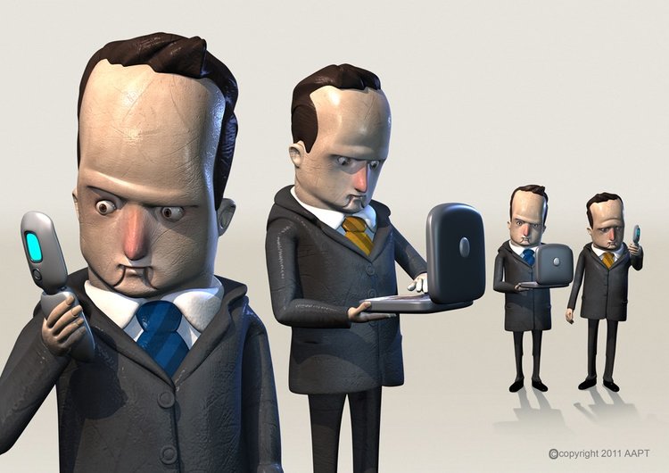 Digital artwork depicting four stylized, animated adult men wearing suits, using laptops and cellphones, on a neutral background.