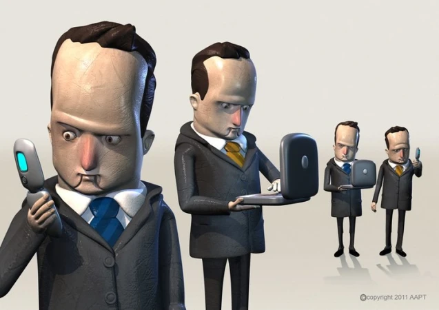 Digital artwork depicting four stylized, animated adult men wearing suits, using laptops and cellphones, on a neutral background.