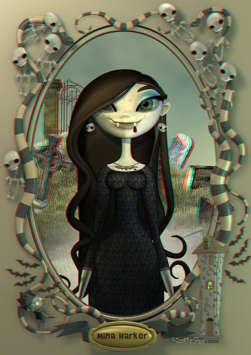 Digitally rendered cartoon portrait of a vampire girl with fangs and blood, framed by graveyard, skeleton, and bat elements on a gray backdrop.