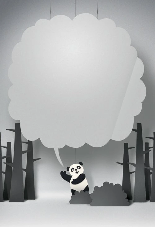 Illustrated panda bear pointing up toward a large cloud-shaped speech bubble in a papercraft forest setting by Frantz Kantor.