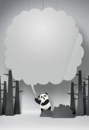 Illustrated panda bear pointing up toward a large cloud-shaped speech bubble in a papercraft forest setting by Frantz Kantor.