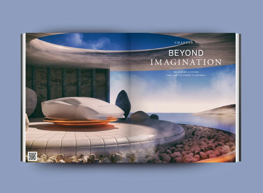 Open magazine spread featuring a futuristic concept car in a minimalist interior with a coastal vista and the text 'Beyond Imagination'.