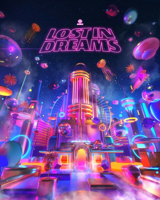 Digital art featuring a futuristic cityscape with glowing buildings, orbs, and a neon sign reading 'Lost in Dreams' against a starry backdrop.