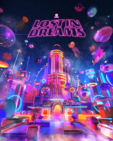 Digital art featuring a futuristic cityscape with glowing buildings, orbs, and a neon sign reading 'Lost in Dreams' against a starry backdrop.