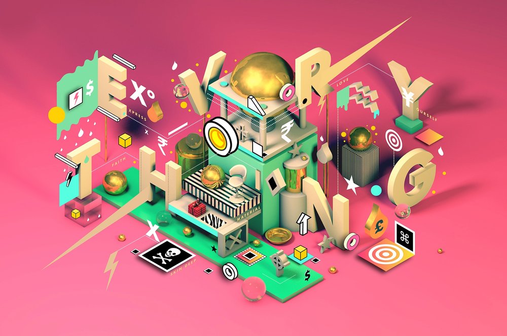 Isometric art featuring 3D lettering spelling EVERYTHING, set on a pink background with geometric shapes and currency symbols.