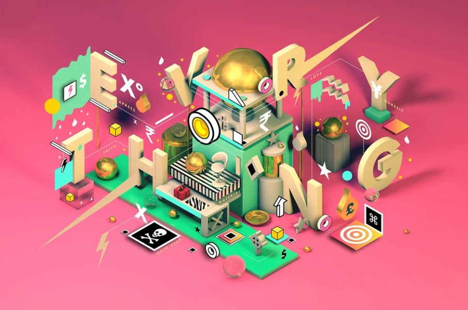 Isometric art featuring 3D lettering spelling EVERYTHING, set on a pink background with geometric shapes and currency symbols.