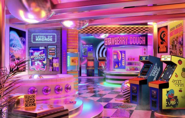 Vaporwave style arcade scene with vintage arcade games, dispensary-themed decor, posters, neon signs, and a tiled floor, under pink and purple lighting.