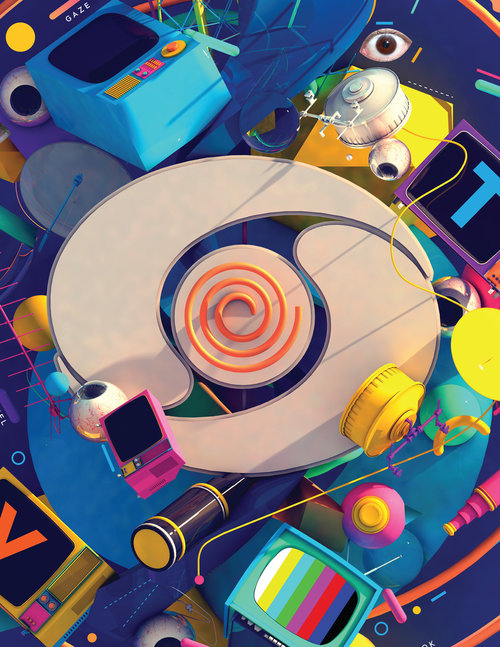 Whimsical digital art collage with eye motifs, vintage TVs, spiral graphic in blue, pink, and yellow tones.