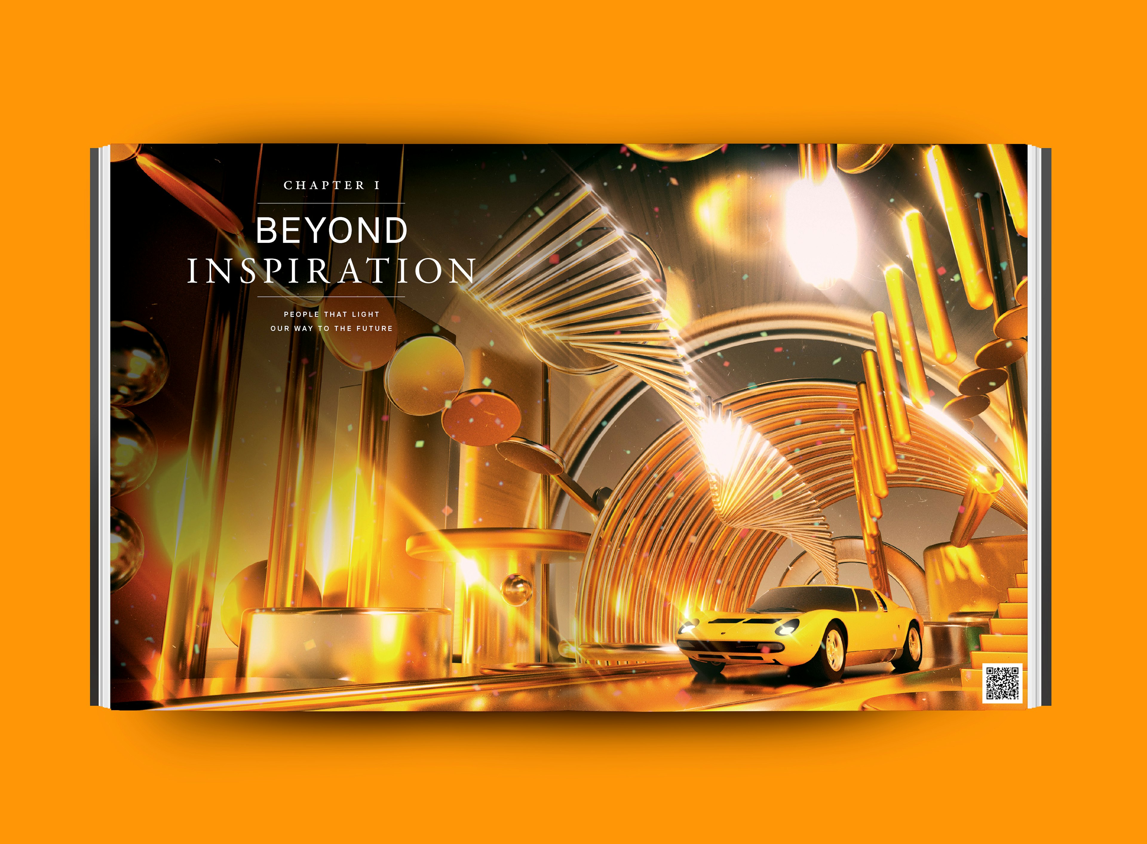 An illustrated book spread featuring a yellow sports car inside a futuristic gold architectural interior with glowing lights.