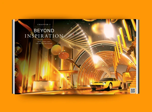 An illustrated book spread featuring a yellow sports car inside a futuristic gold architectural interior with glowing lights.